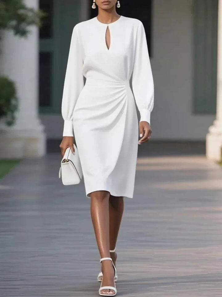 Caliora | Black Long Sleeve & Side Ruched Midi Dress
