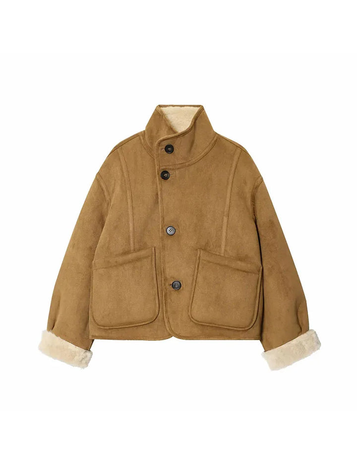 Women's 2025 Double-sided Lamb Velvet Coat Women's Fashion Stand Collar Single-breasted Pocket Short Jacket Lady Outerwear