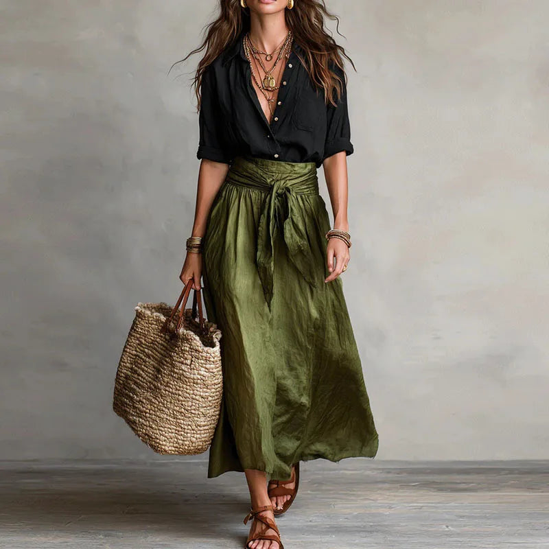 Jeanelle | Linen Shirt & Tie-Front Midi Skirt Set
