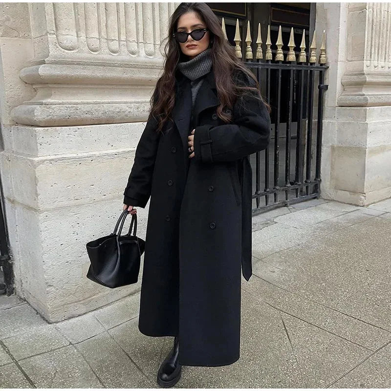 Elegant Grey Long Belted Faux Wool Women's Coat