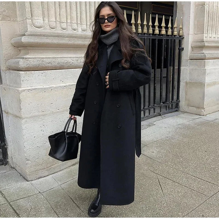 Elegant Grey Long Belted Faux Wool Women's Coat