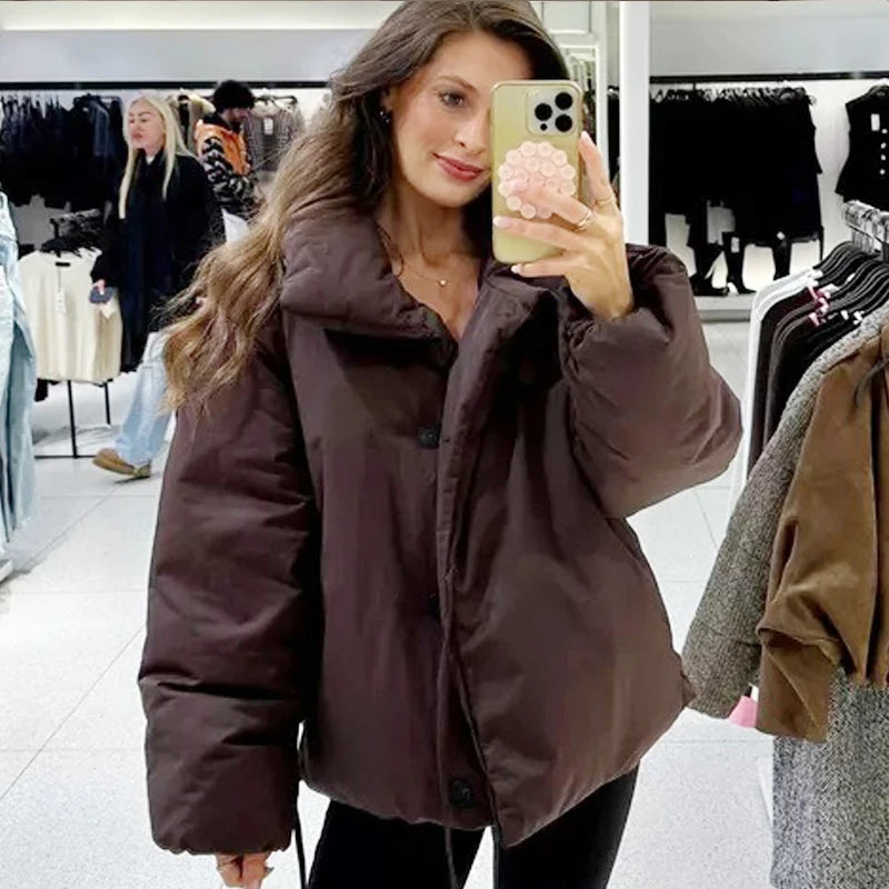 Women's Casual Brown Lace-Up Winter Jacket