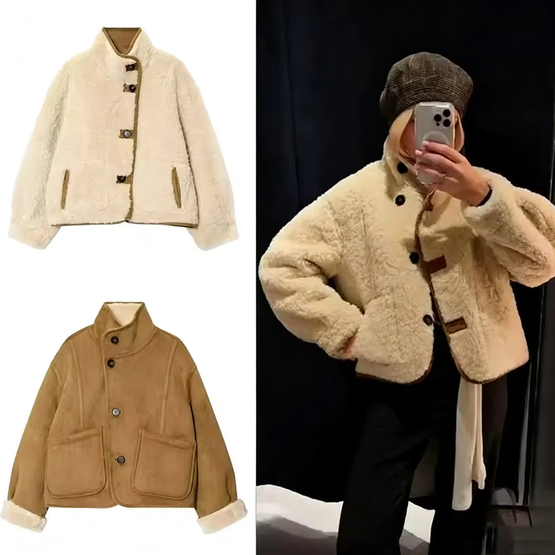 Women's 2025 Double-sided Lamb Velvet Coat Women's Fashion Stand Collar Single-breasted Pocket Short Jacket Lady Outerwear