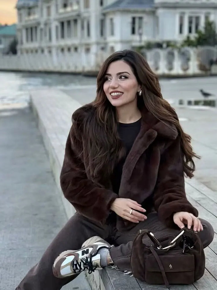 HH Women's Casual Brown Short Faux Fur Coat