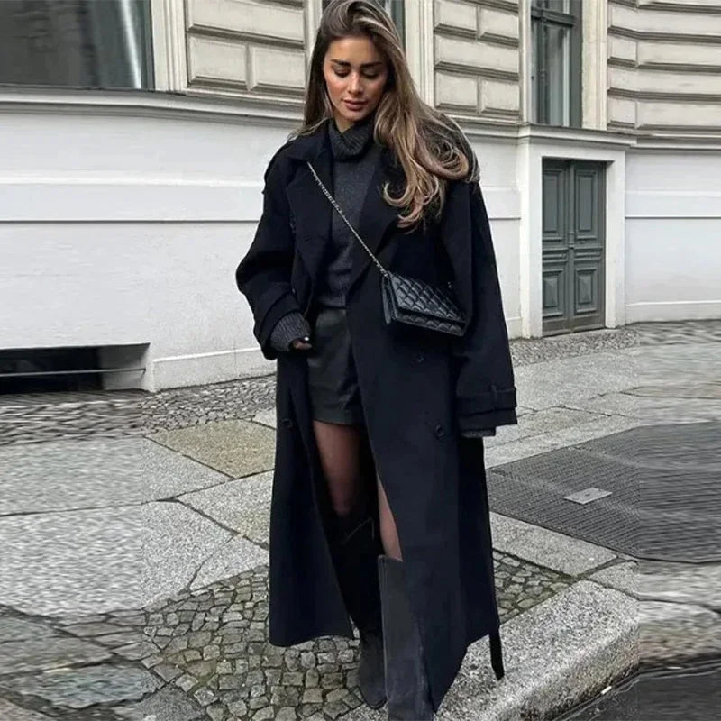 Elegant Grey Long Belted Faux Wool Women's Coat