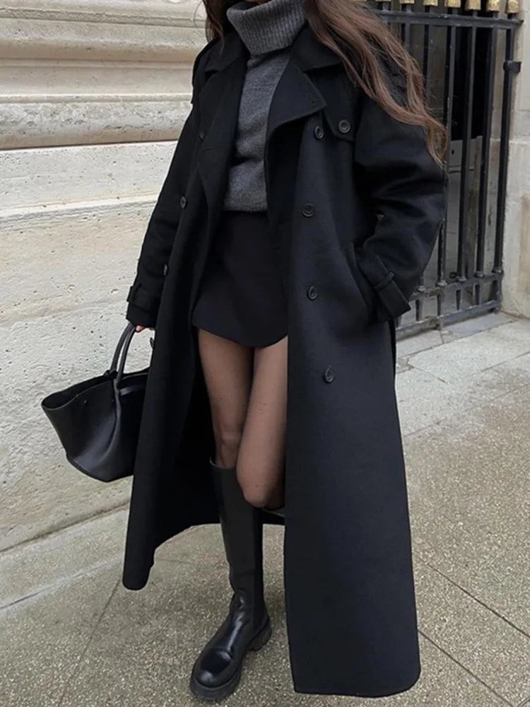 Elegant Black Long Coat with Belt for Women