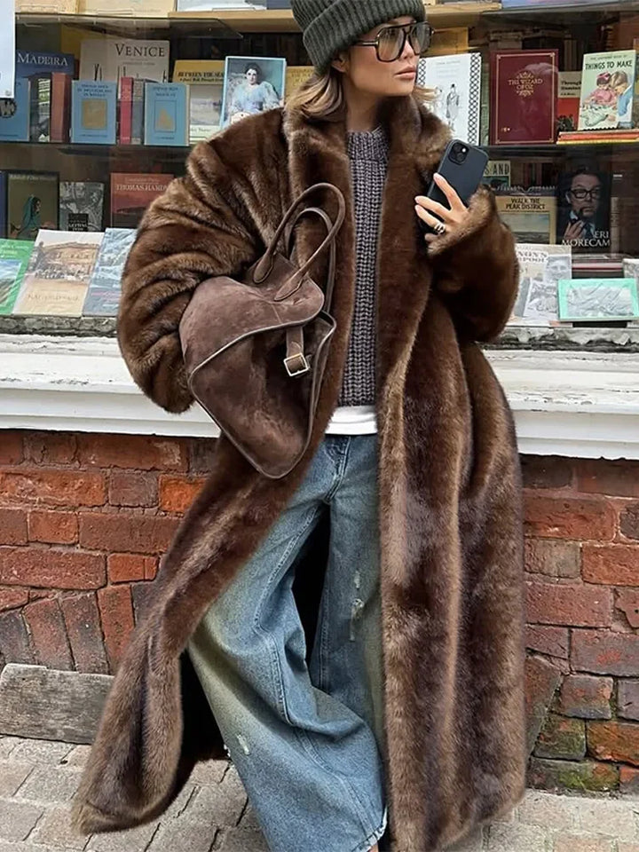 Fashion Mixed Color Lapel Collar Women's Long Coat Elegant Full Sleeve Loose Overcoat New Winter Lady High Street Faux Fur Jacket