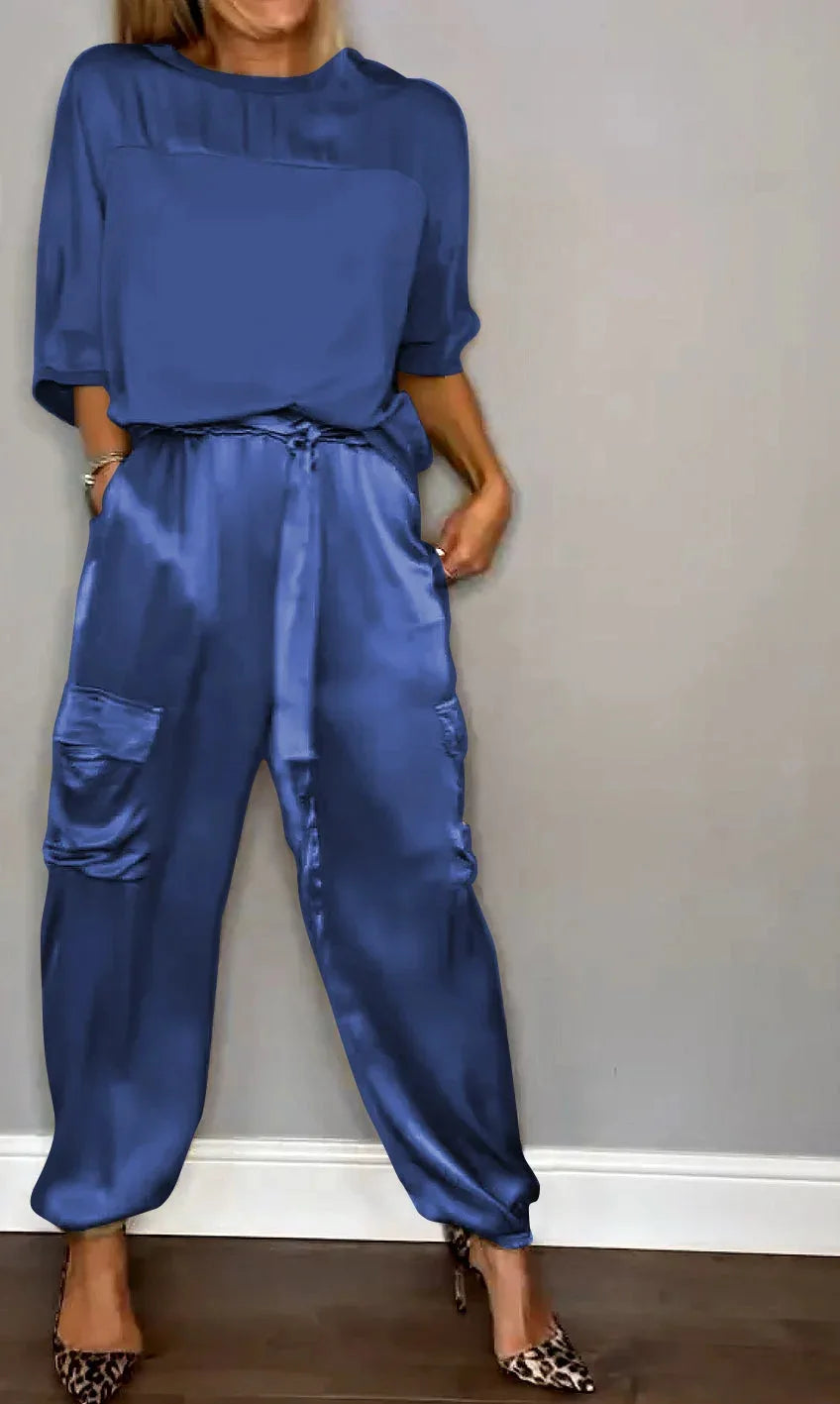 Averielle | Satin Two-Piece Set Top & Flowy Cargo Pants