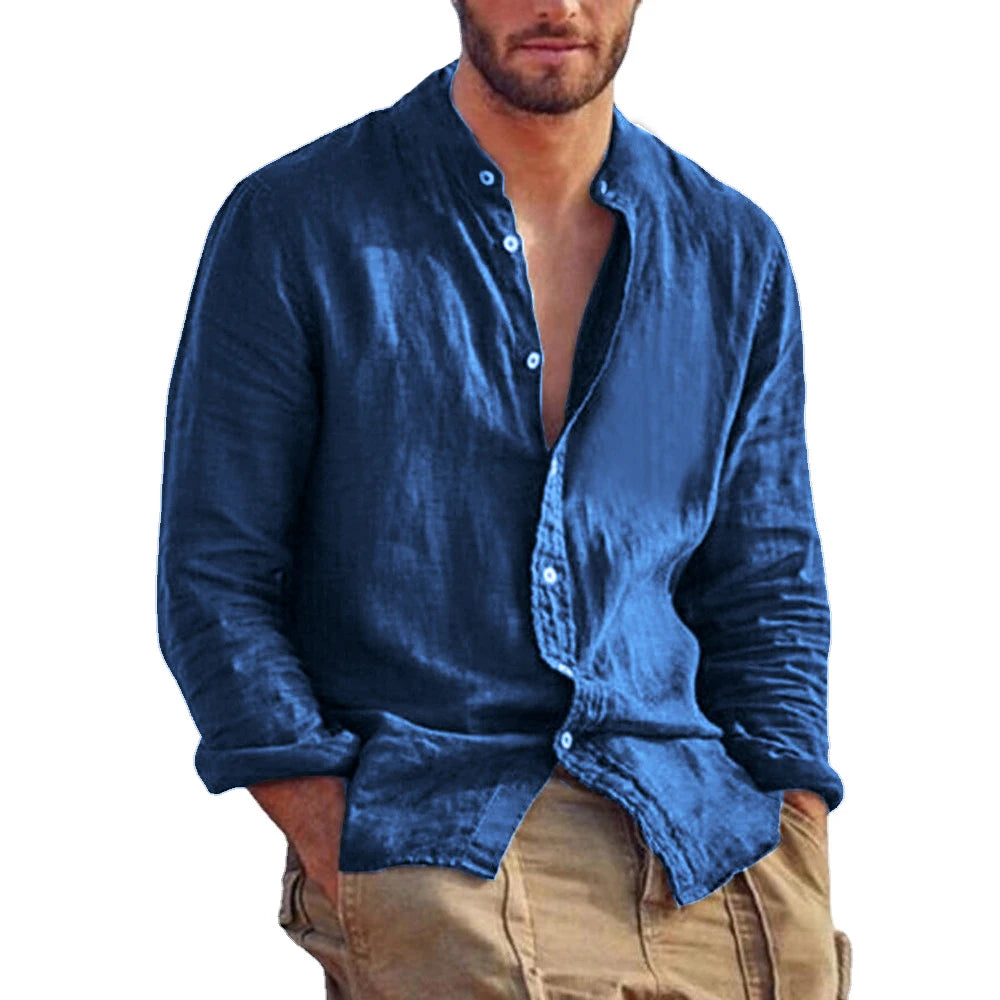 Light Mode | Men's Linen Mandarin Collar Shirt Casual Elegance