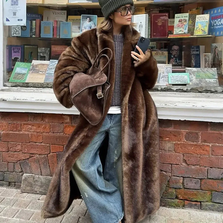 Fashion Mixed Color Lapel Collar Women's Long Coat Elegant Full Sleeve Loose Overcoat New Winter Lady High Street Faux Fur Jacket