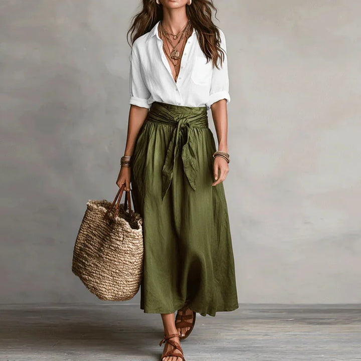 Jeanelle | Linen Shirt & Tie-Front Midi Skirt Set