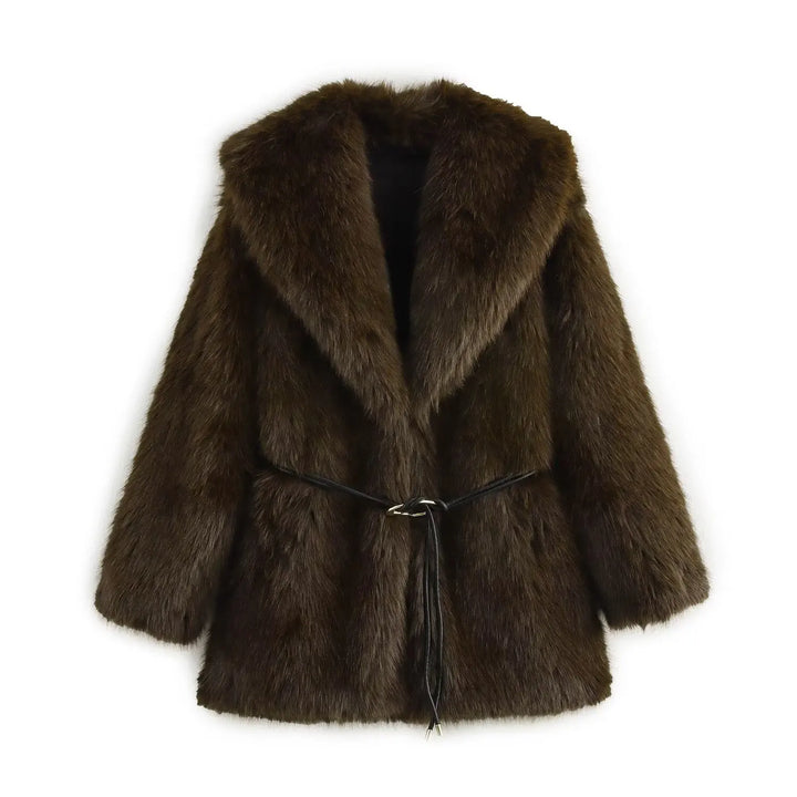 Women's Lapel Faux Fur Coat With Belt Winter