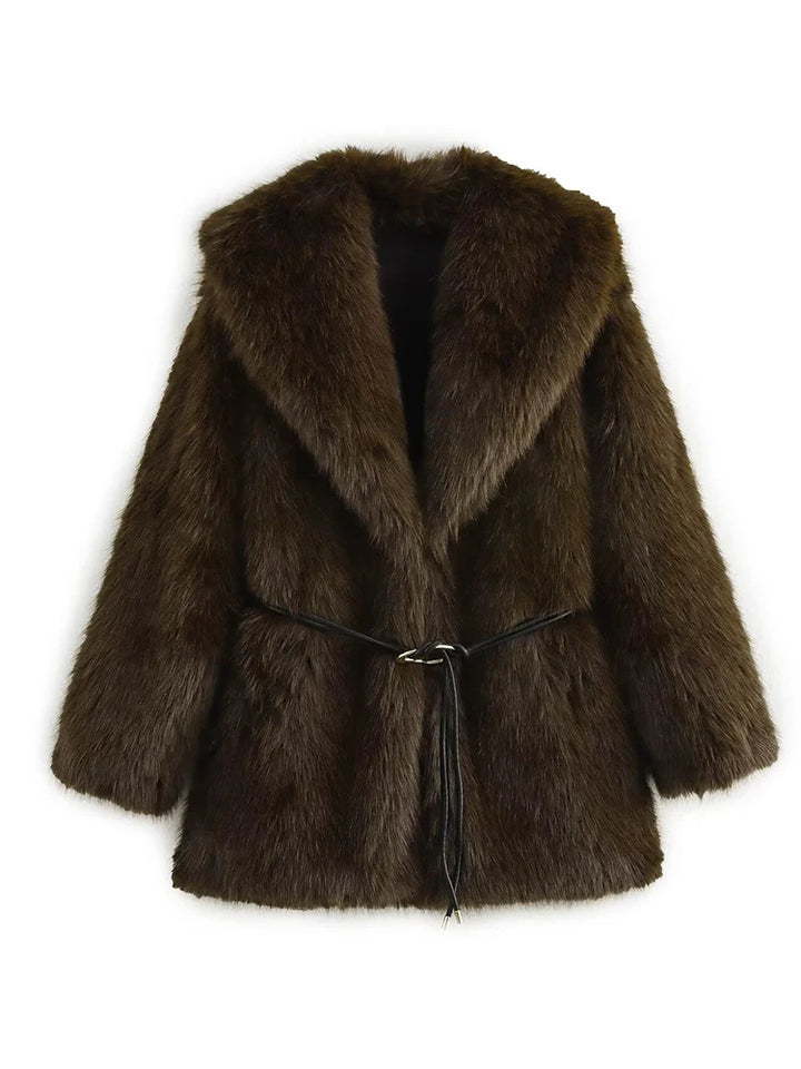 Women's Lapel Faux Fur Coat With Belt Winter