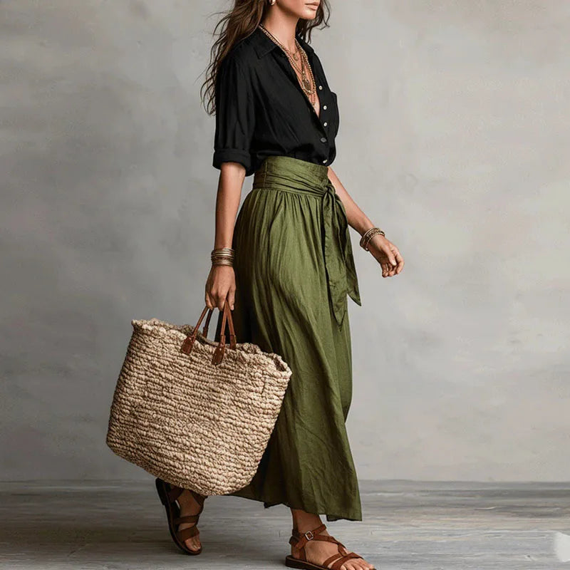 Jeanelle | Linen Shirt & Tie-Front Midi Skirt Set