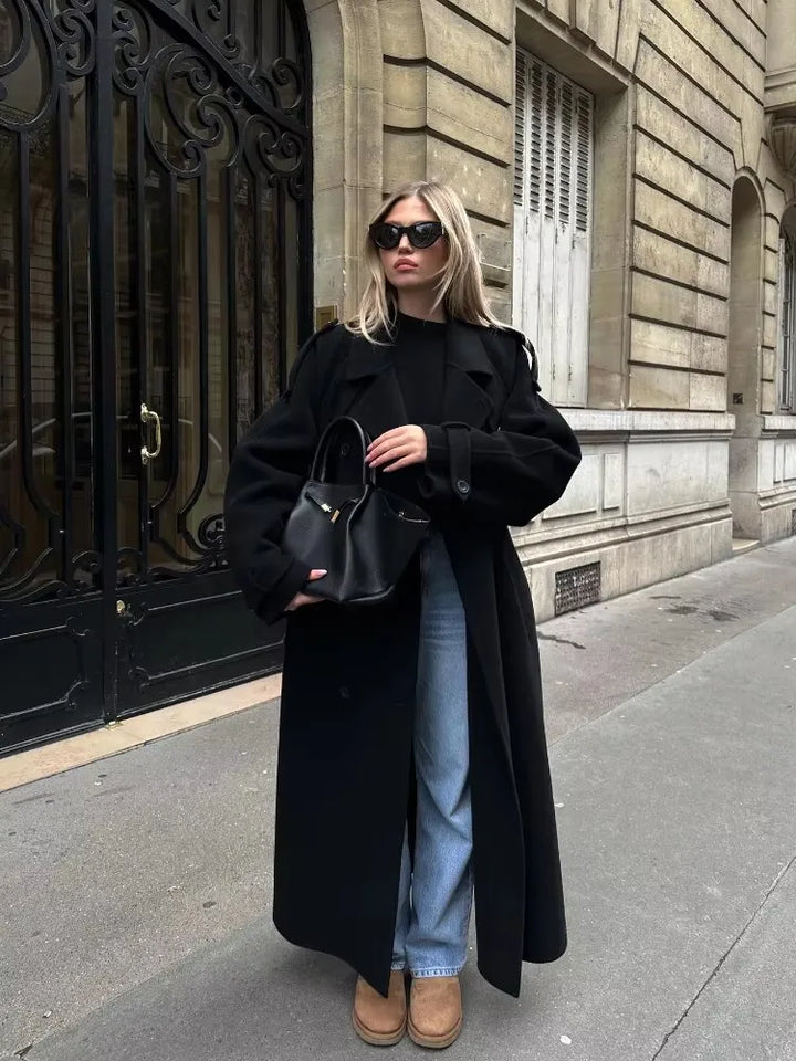 Elegant Black Long Coat with Belt for Women
