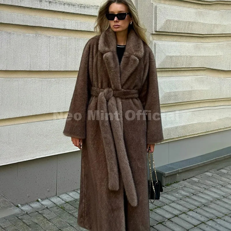 Women's Neo Mint Belted Faux Mink Fur Coat