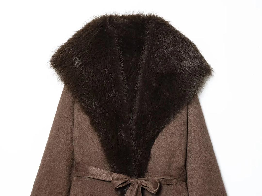 European and American style 2025 winter new women's faux fur belt long coat jacket