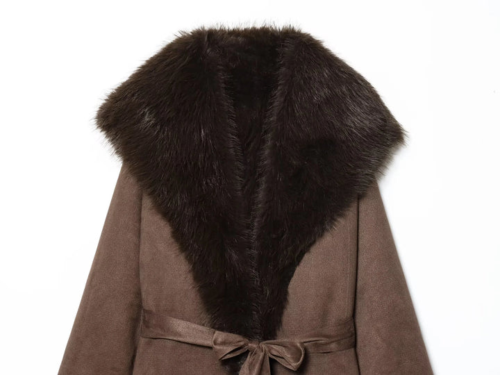 European and American style 2025 winter new women's faux fur belt long coat jacket