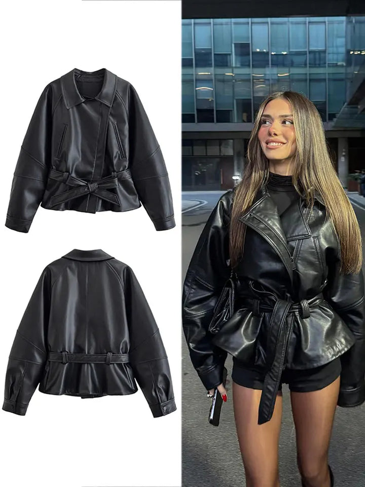 Women's Short Faux Leather Jacket with Belt