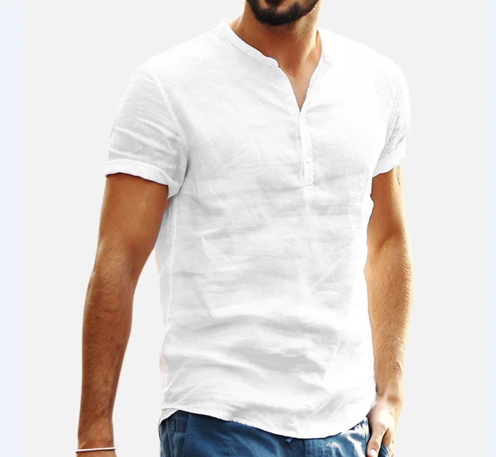 Men's Cotton Linen Henley Shirt Fashion Light