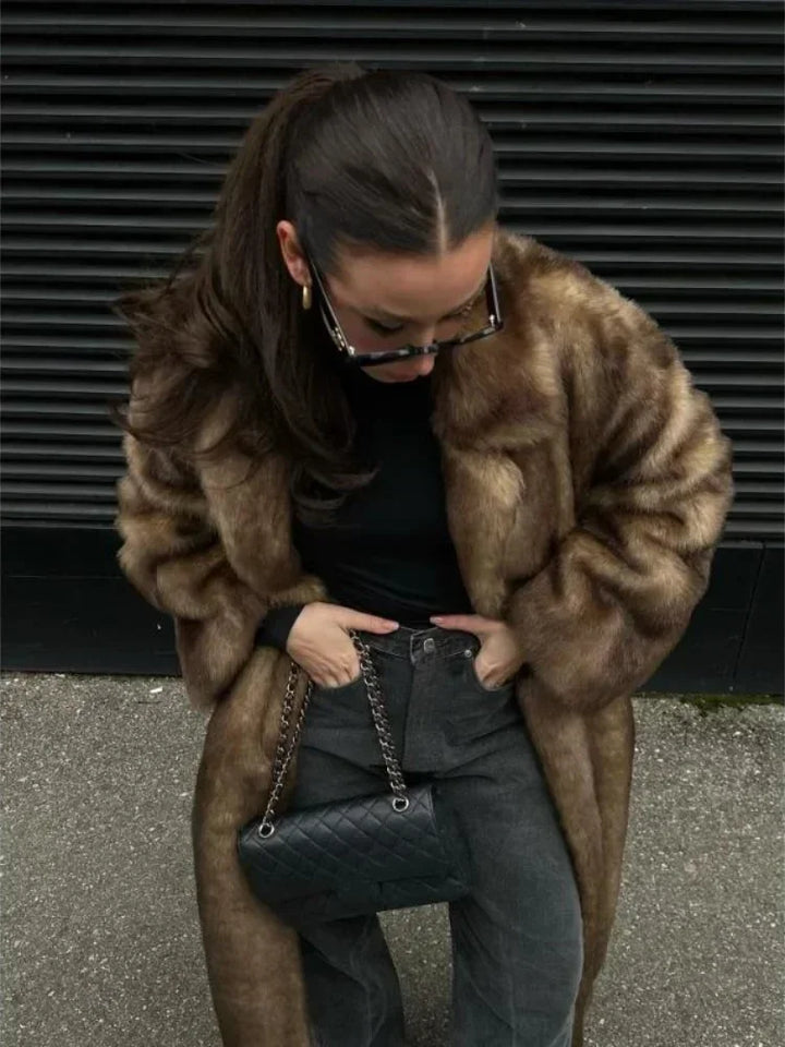 Fashion Mixed Color Lapel Collar Women's Long Coat Elegant Full Sleeve Loose Overcoat New Winter Lady High Street Faux Fur Jacket