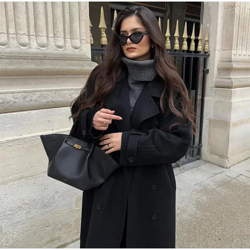 Elegant Grey Long Belted Faux Wool Women's Coat