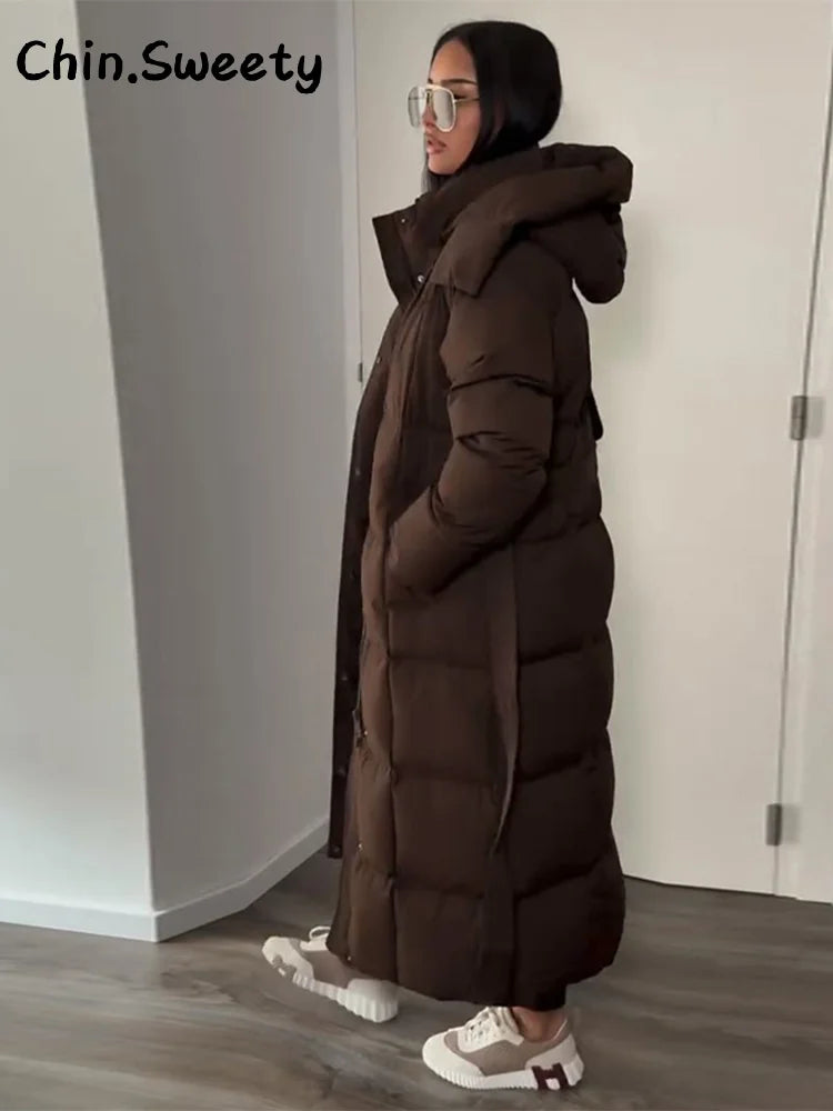 Hot Women Puffy Quilted Hooded Long Cotton Coat