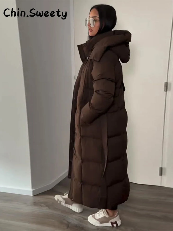 Hot Women Puffy Quilted Hooded Long Cotton Coat