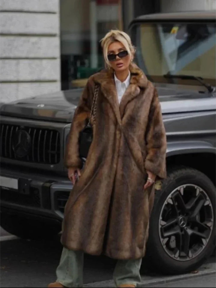 Fashion Mixed Color Lapel Collar Women's Long Coat Elegant Full Sleeve Loose Overcoat New Winter Lady High Street Faux Fur Jacket