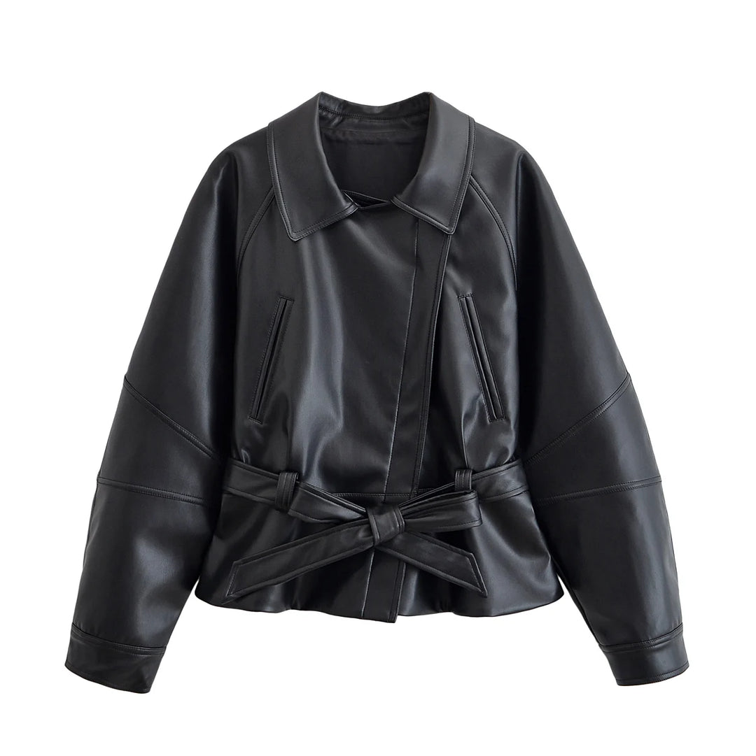 Women's Short Faux Leather Jacket with Belt
