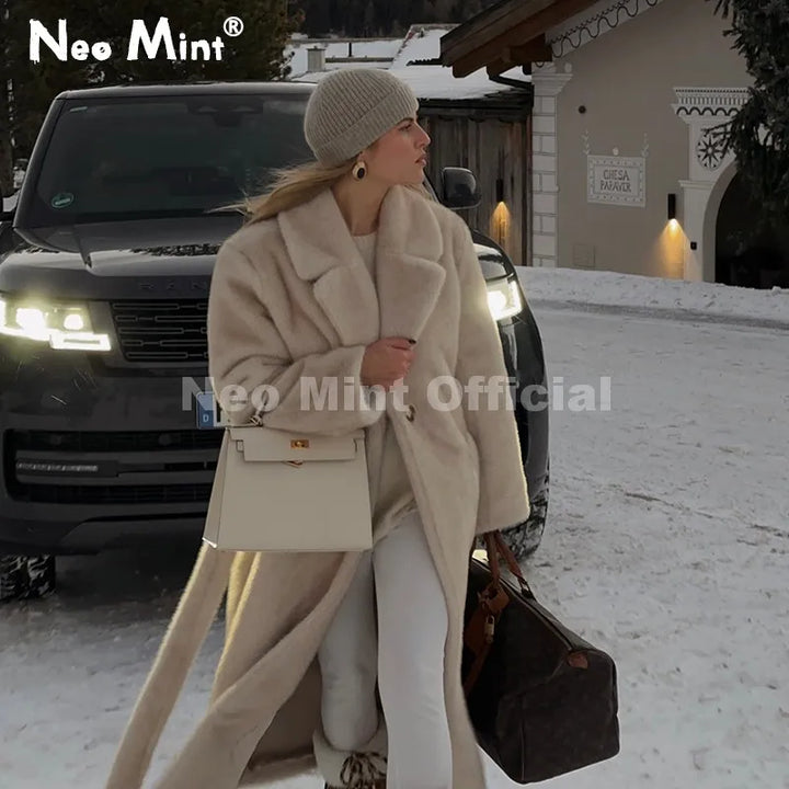 Women's Neo Mint Belted Faux Mink Fur Coat