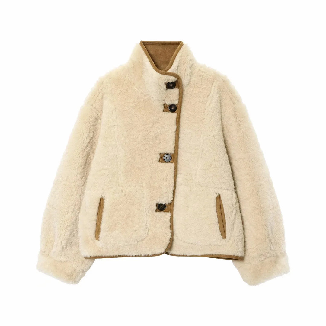 Women's 2025 Double-sided Lamb Velvet Coat Women's Fashion Stand Collar Single-breasted Pocket Short Jacket Lady Outerwear