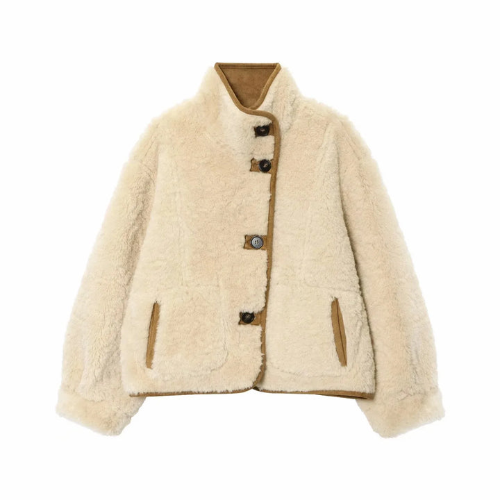 Women's 2025 Double-sided Lamb Velvet Coat Women's Fashion Stand Collar Single-breasted Pocket Short Jacket Lady Outerwear