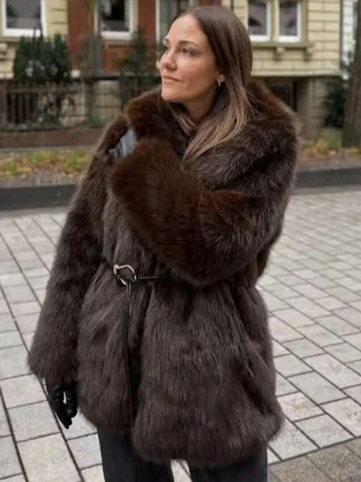 Women's Lapel Faux Fur Coat With Belt Winter