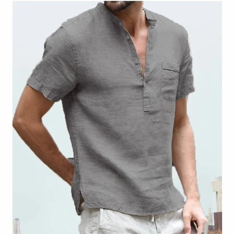 Men's Cotton Linen Henley Shirt Fashion Light