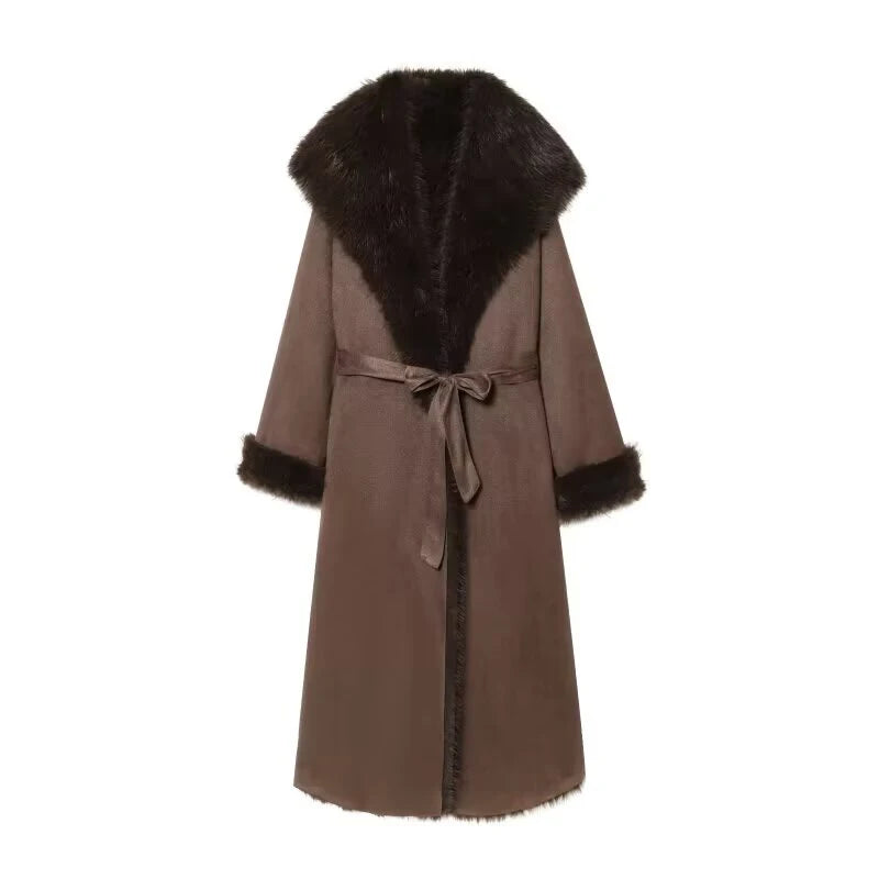 European and American style 2025 winter new women's faux fur belt long coat jacket