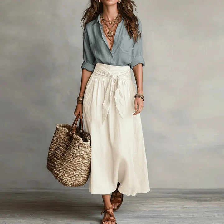 Jeanelle | Linen Shirt & Tie-Front Midi Skirt Set