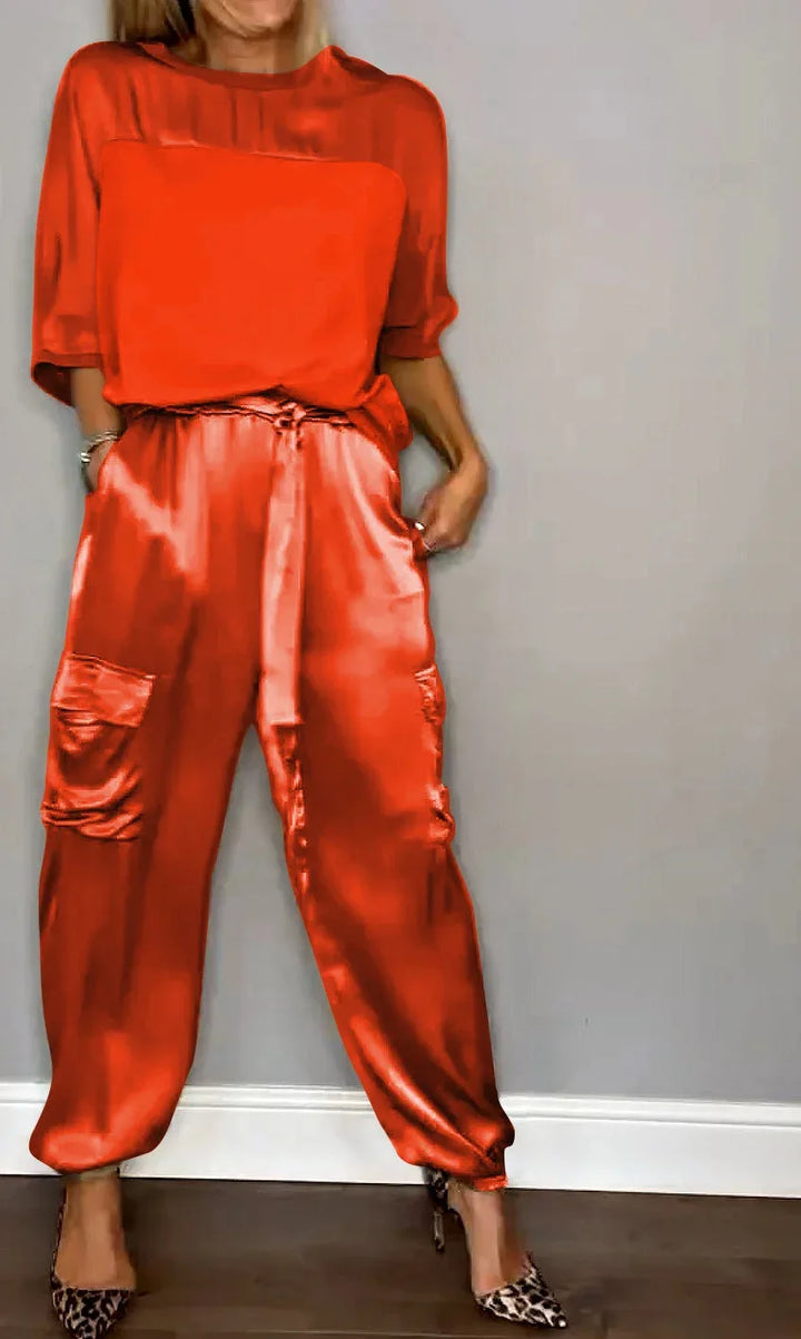 Averielle | Satin Two-Piece Set Top & Flowy Cargo Pants