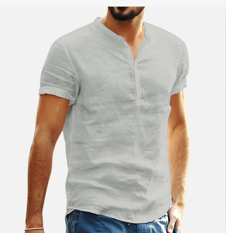 Men's Cotton Linen Henley Shirt Fashion Light