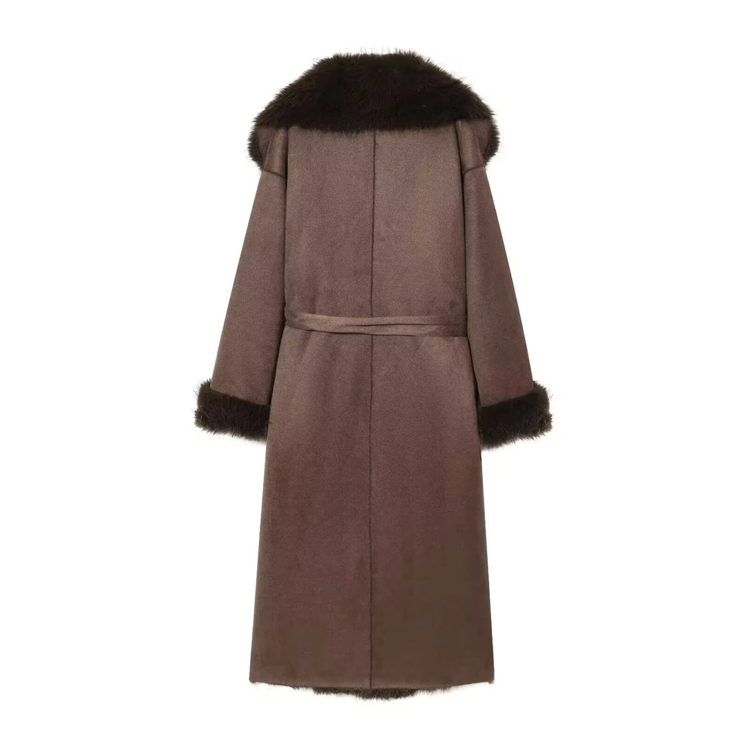 European and American style 2025 winter new women's faux fur belt long coat jacket