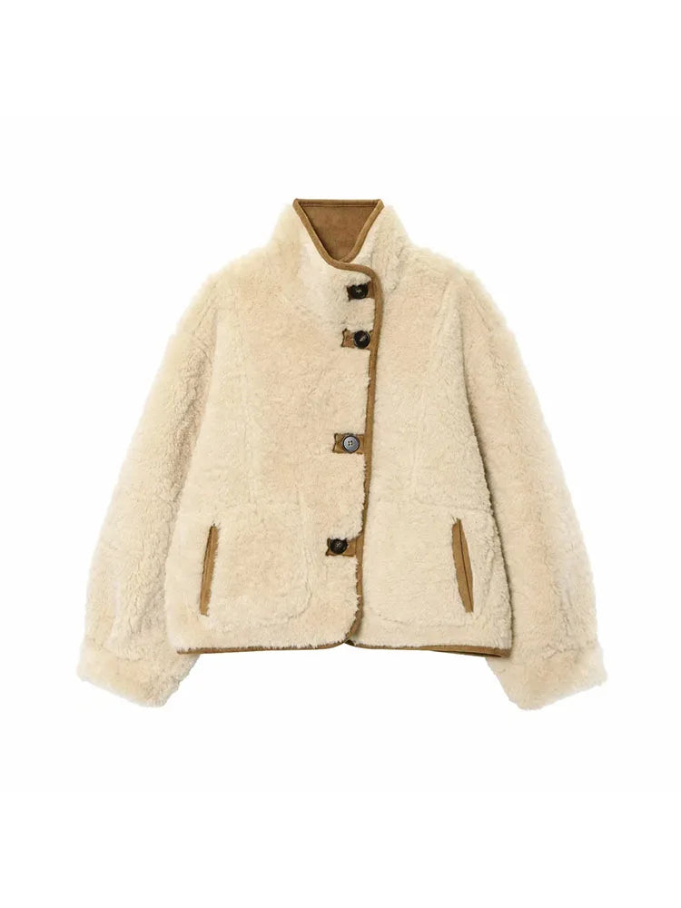 Women's 2025 Double-sided Lamb Velvet Coat Women's Fashion Stand Collar Single-breasted Pocket Short Jacket Lady Outerwear