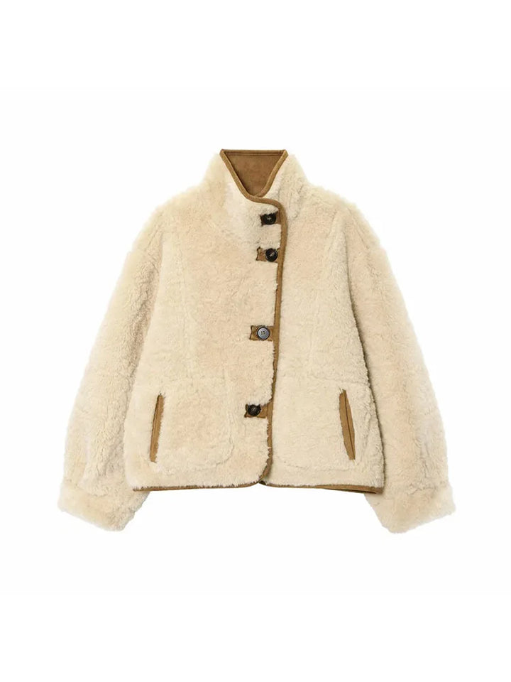 Women's 2025 Double-sided Lamb Velvet Coat Women's Fashion Stand Collar Single-breasted Pocket Short Jacket Lady Outerwear