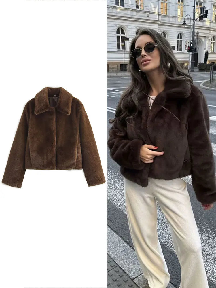 HH Women's Casual Brown Short Faux Fur Coat