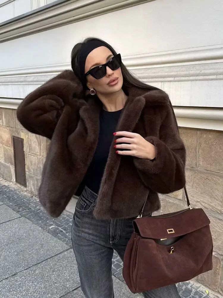 HH Women's Casual Brown Short Faux Fur Coat