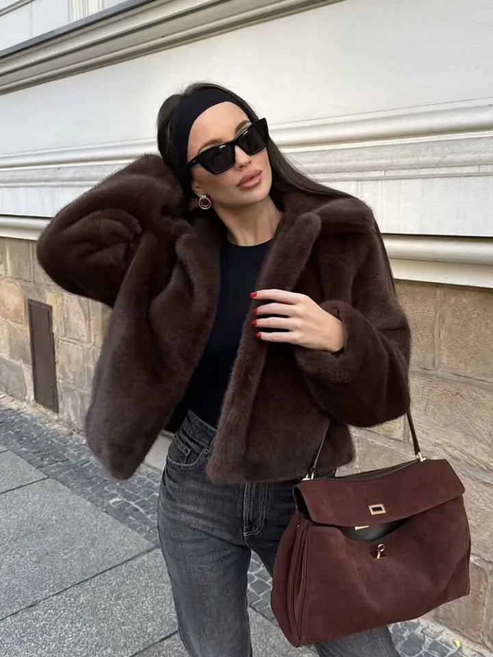 HH Women's Casual Brown Short Faux Fur Coat