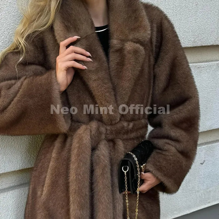 Women's Neo Mint Belted Faux Mink Fur Coat