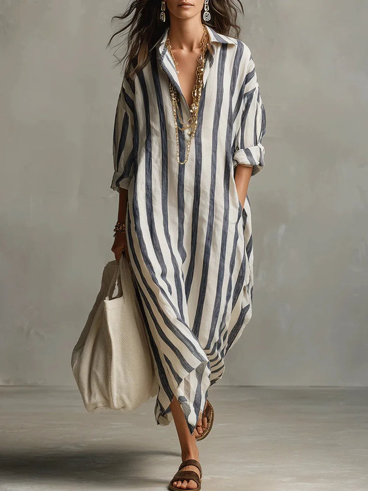 Amaris | Striped Linen & Cotton Long Shirt Dress