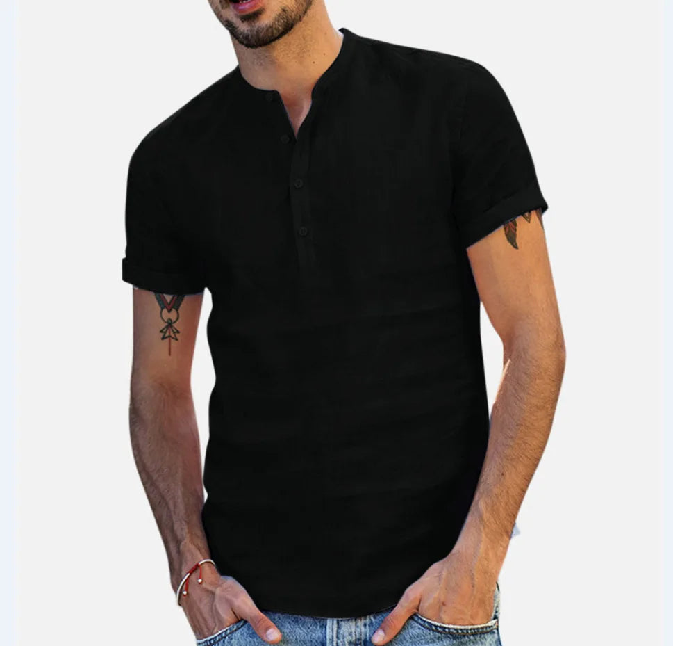 Men's Cotton Linen Henley Shirt Fashion Light