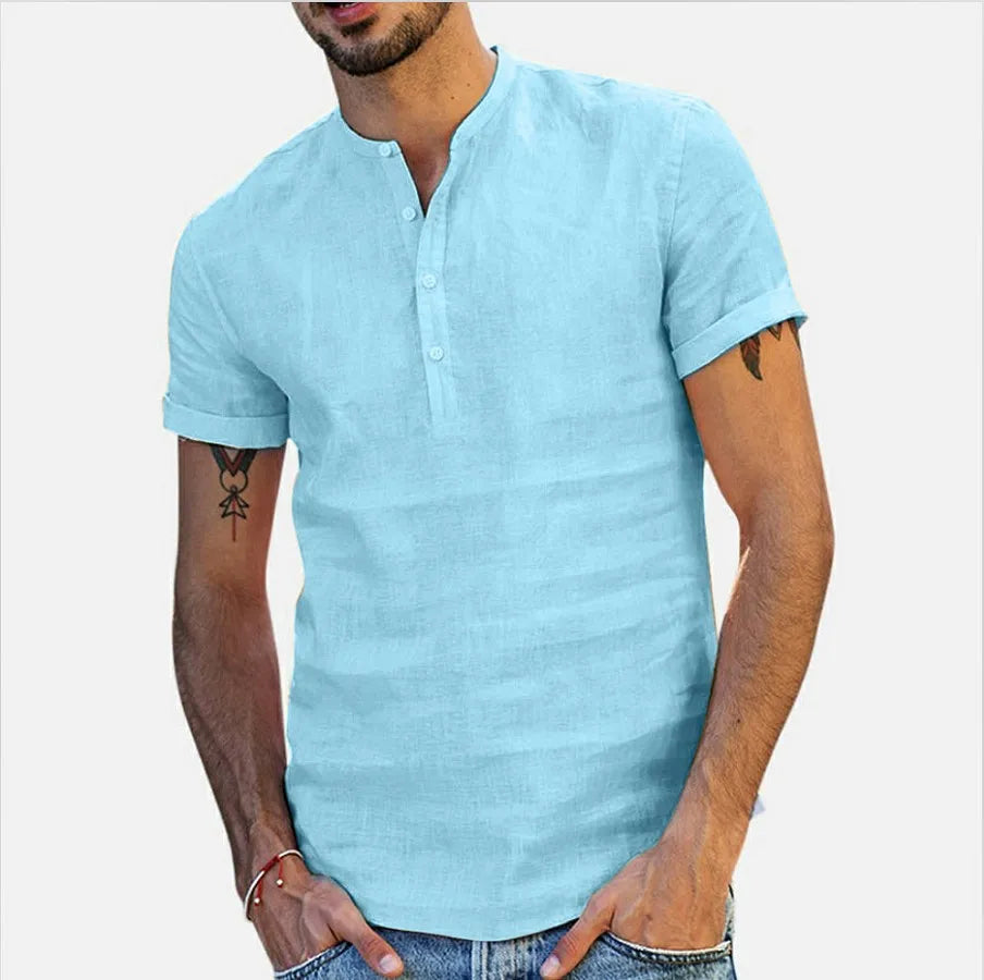 Men's Cotton Linen Henley Shirt Fashion Light