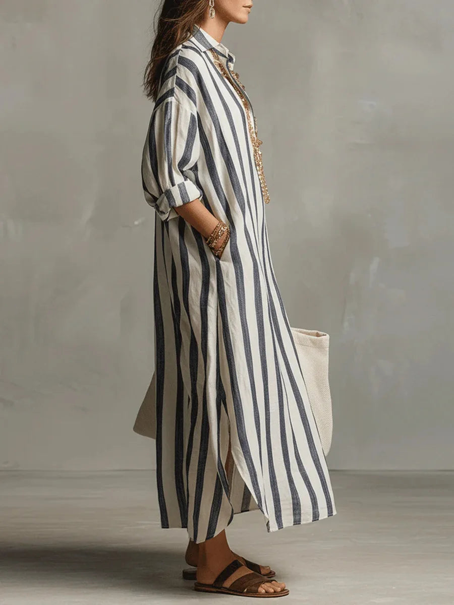 Amaris | Striped Linen & Cotton Long Shirt Dress